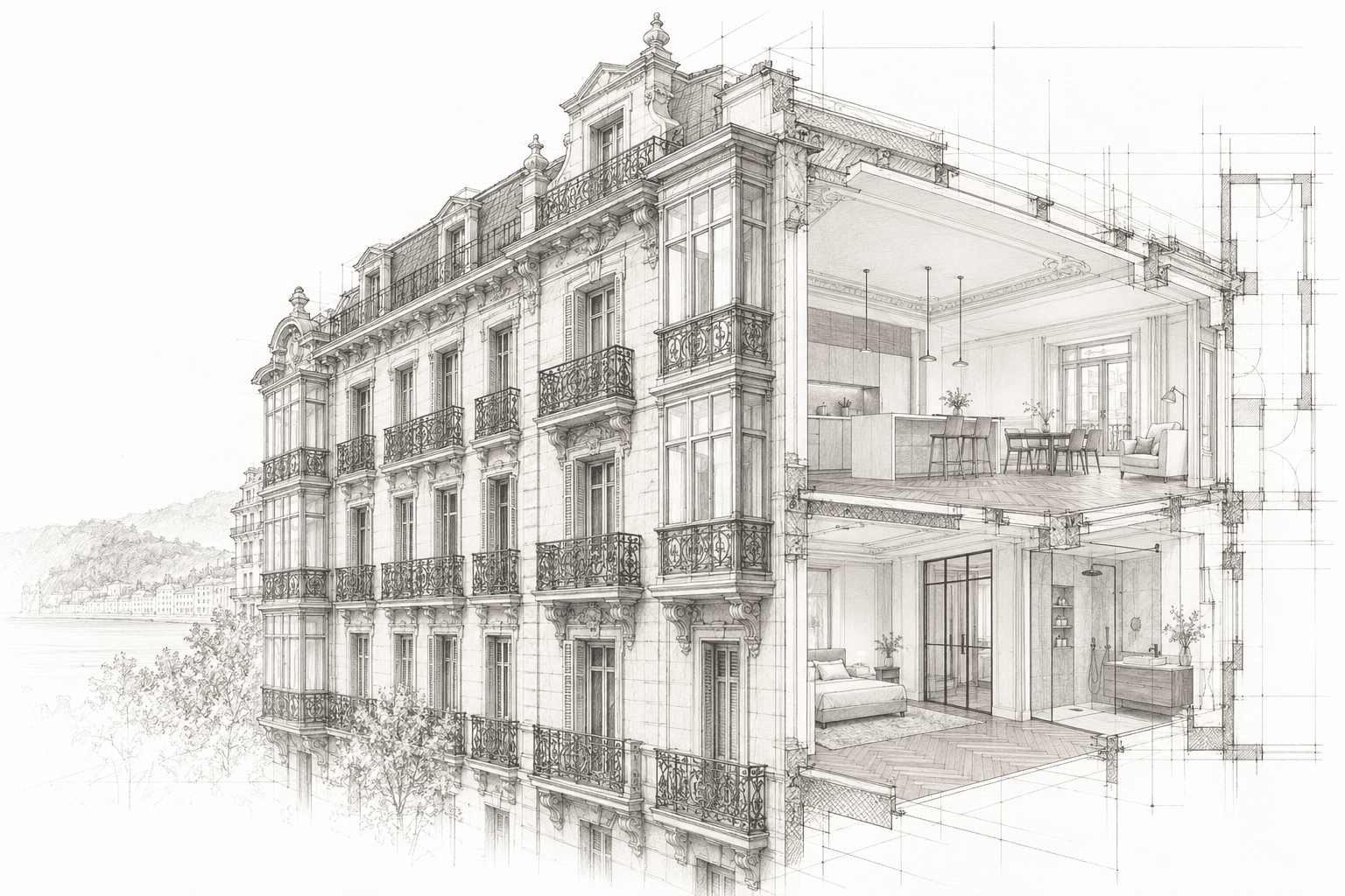 Boceto conceptual de arquitectura donostiarra y reforma interior